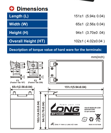 Bình ắc quy cửa cuốn Long 12V-9AH | Mã WP1236W