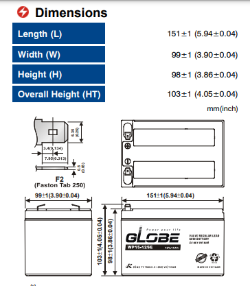 Bình ắc quy xe đạp điện Globe 12V-15AH | Mã WP15-12SE