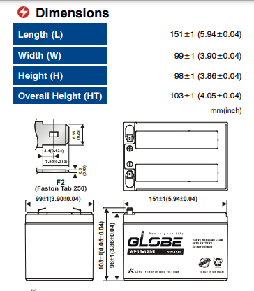  Bình ắc quy xe đạp điện Globe 12V-15AH | Mã WP15-12SE 