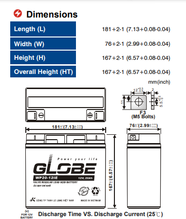  Bình ắc quy xe máy điện Globe 12V-20AH | Mã WP20-12IE 