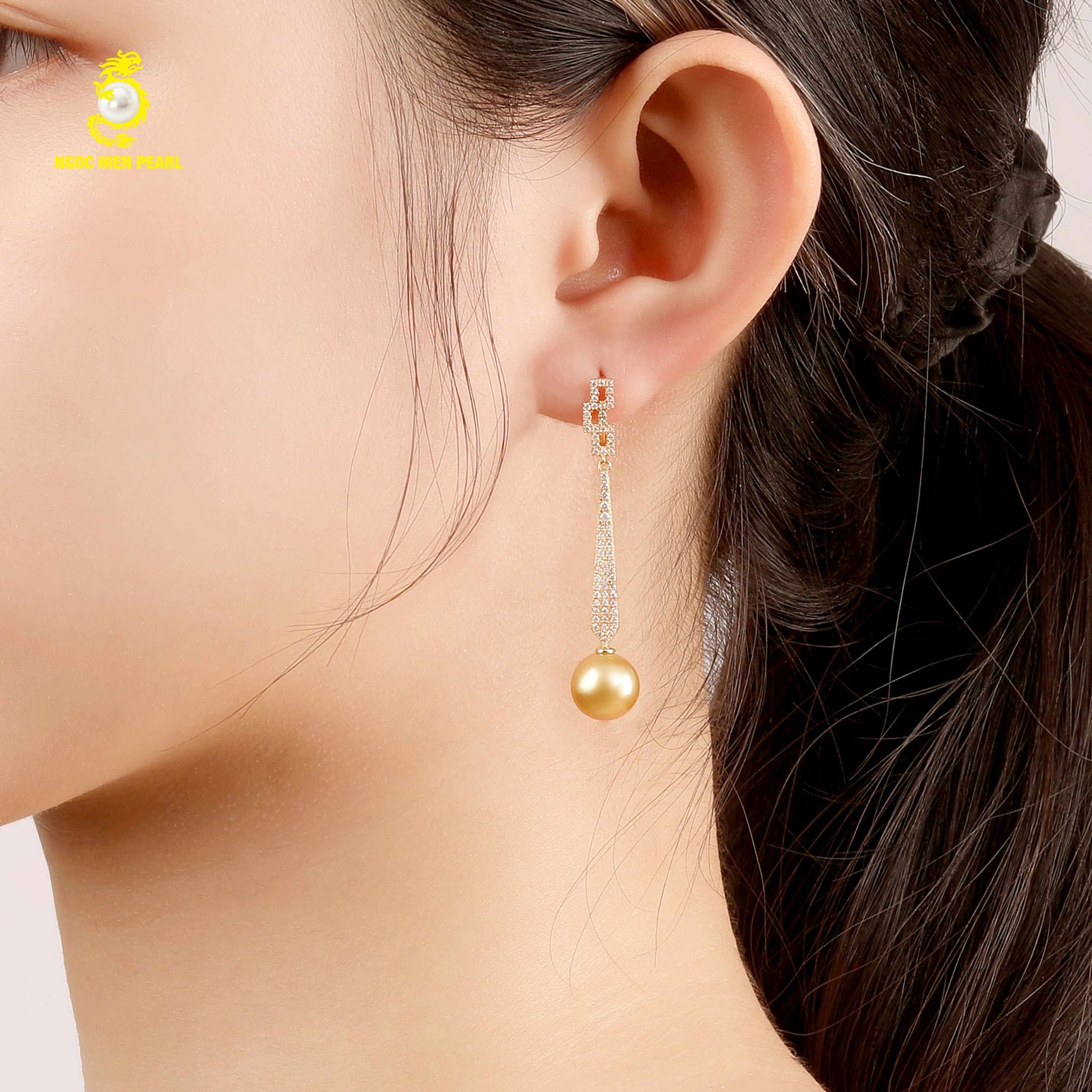 Bông tai ngọc trai dáng dài đính đá cz, vàng 18K GDE327