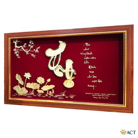 Quà tặng Tranh Chữ Thọ Hoa Sen dát vàng 24k ACT GOLD ISO 9001:2015 (Mẫu 2)