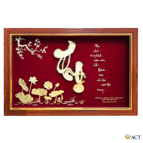 Quà tặng Tranh Chữ Thọ Hoa Sen dát vàng 24k ACT GOLD ISO 9001:2015 (Mẫu 2)