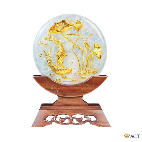 Quà tặng Đĩa Ngọc Cá Chép Hoa Sen dát vàng 24k ACT GOLD ISO 9001:2015 (Mẫu 3)