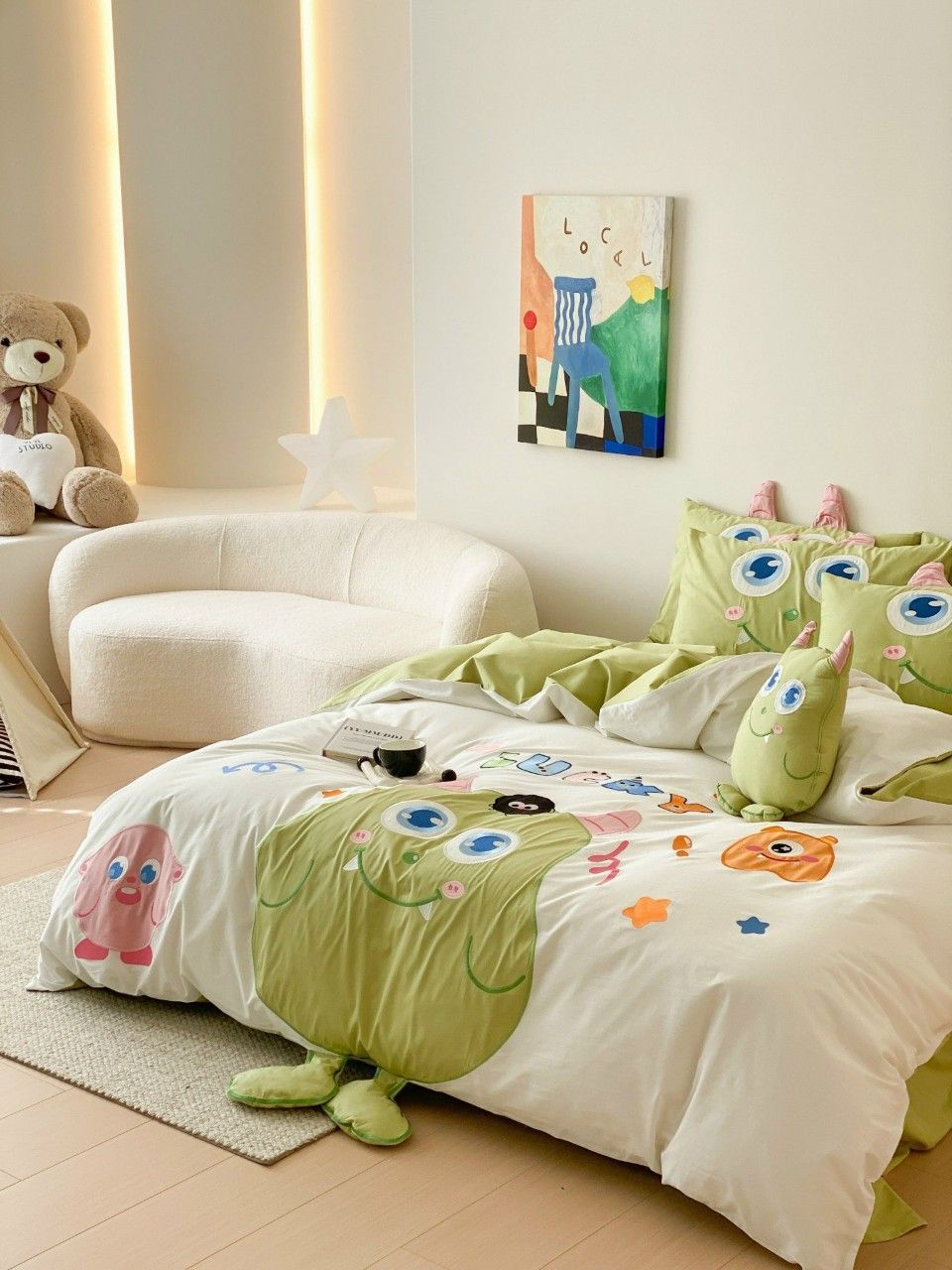 Bộ Chăn Ga Cotton Linen Kids - Monster Xanh