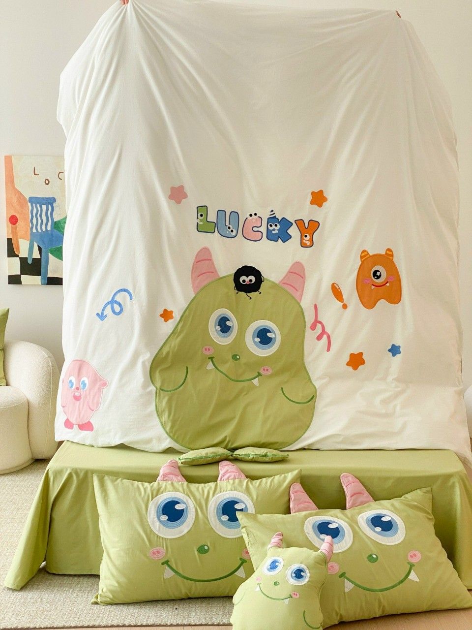 Bộ Chăn Ga Cotton Linen Kids - Monster Xanh