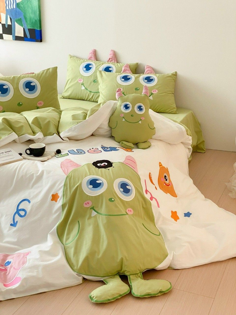 Bộ Chăn Ga Cotton Linen Kids - Monster Xanh