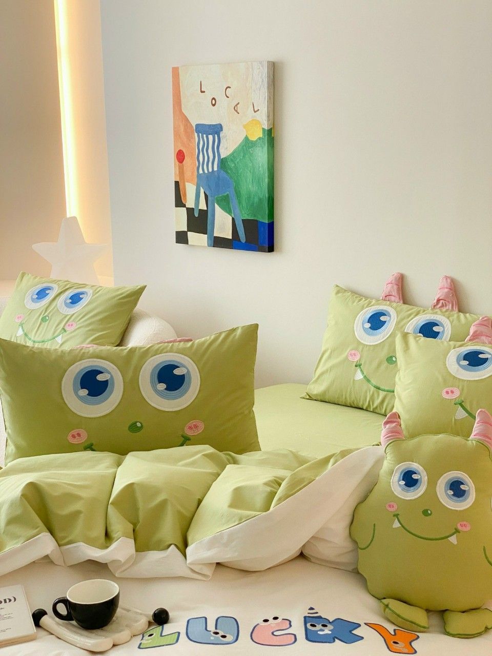 Bộ Chăn Ga Cotton Linen Kids - Monster Xanh