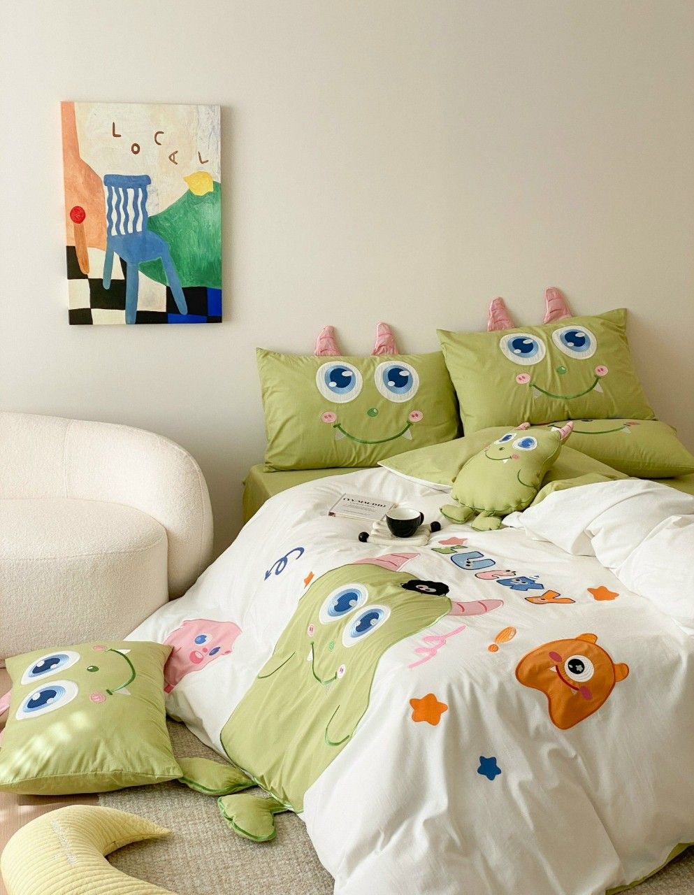 Bộ Chăn Ga Cotton Linen Kids - Monster Xanh
