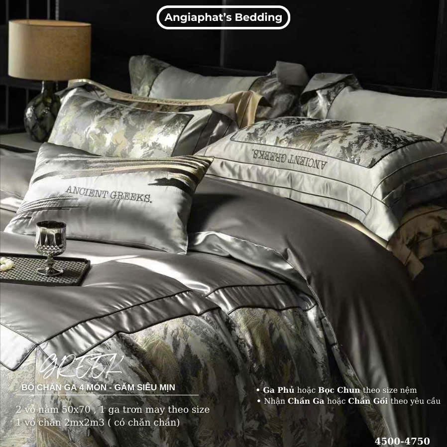 Set Chăn Ga Luxury - Gấm Siêu Mịn - Lá Ghi