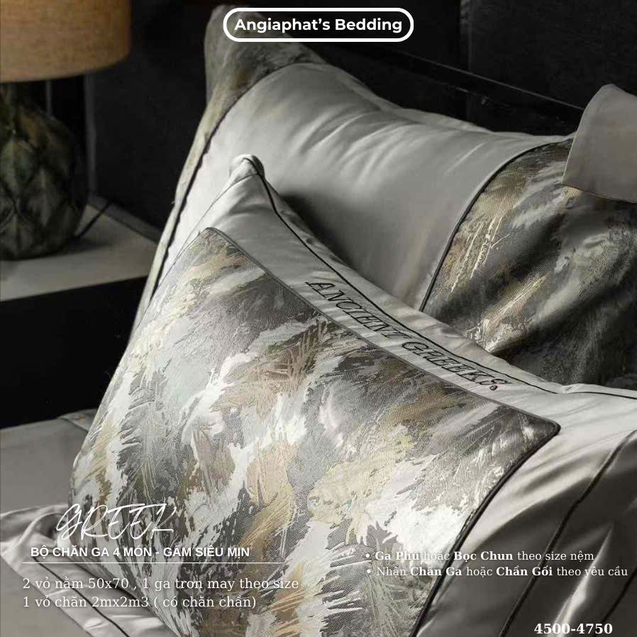 Set Chăn Ga Luxury - Gấm Siêu Mịn - Lá Ghi