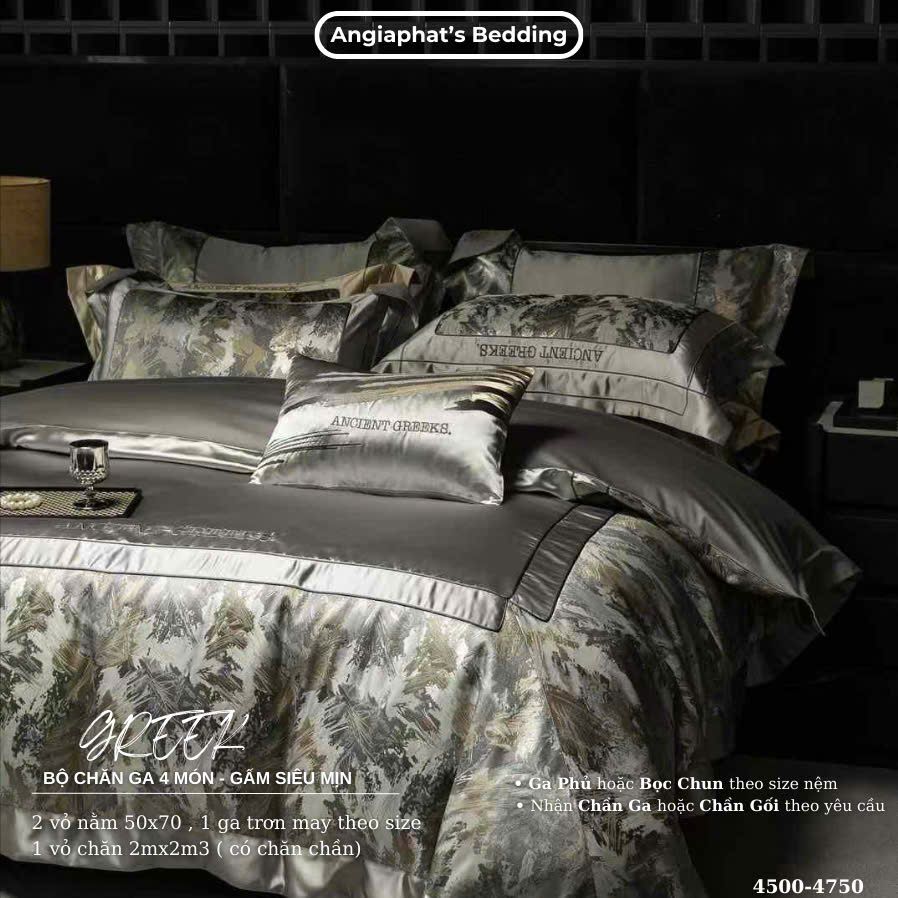 Set Chăn Ga Luxury - Gấm Siêu Mịn - Lá Ghi