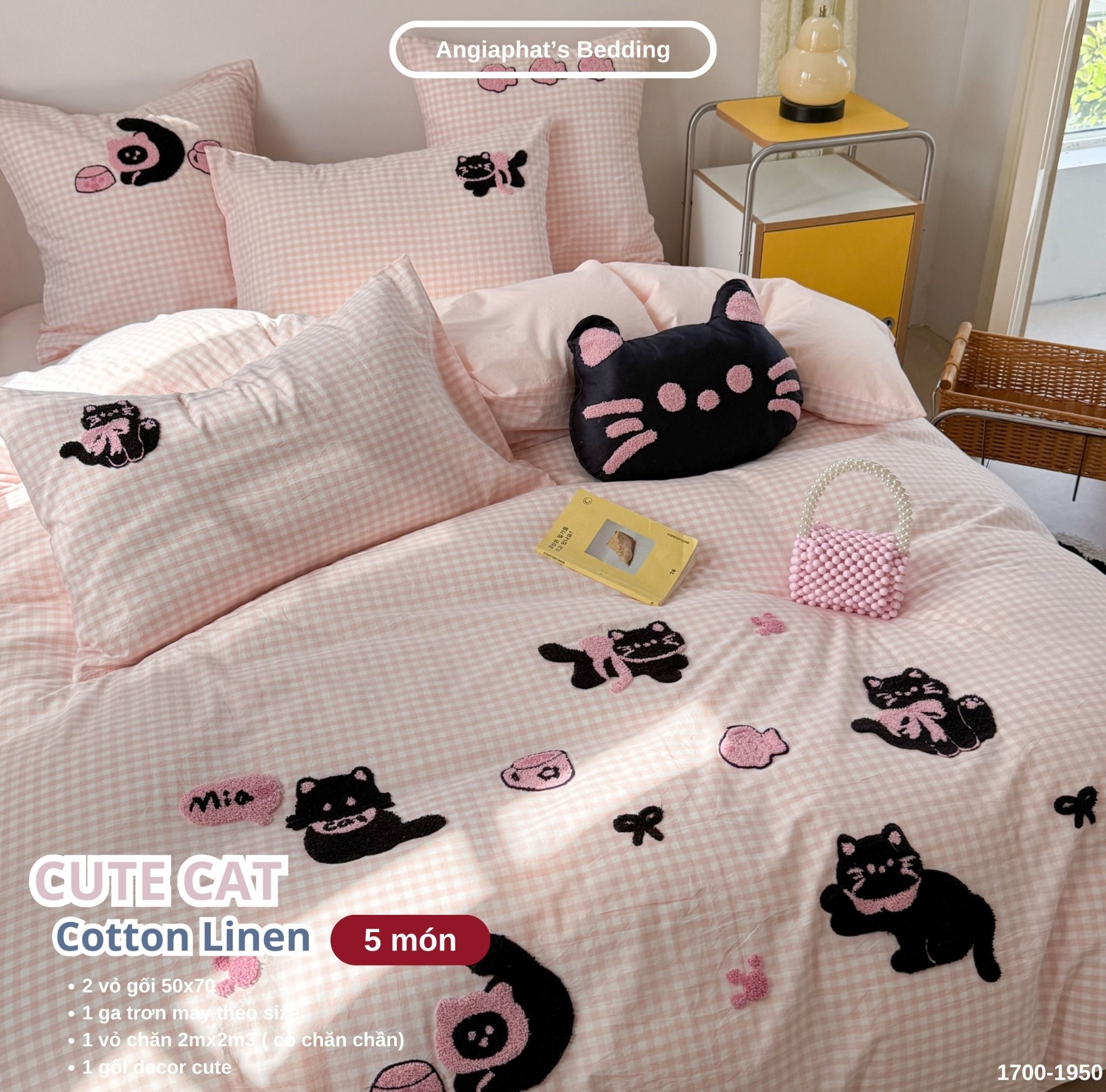 Bộ Chăn Ga Cotton Linen Kids / Cho Bé - Cute Cat Hồng