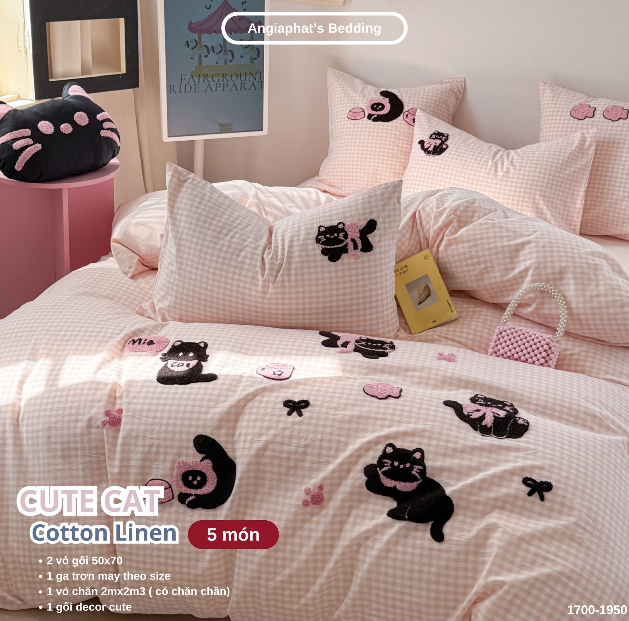 Bộ Chăn Ga Cotton Linen Kids / Cho Bé - Cute Cat Hồng