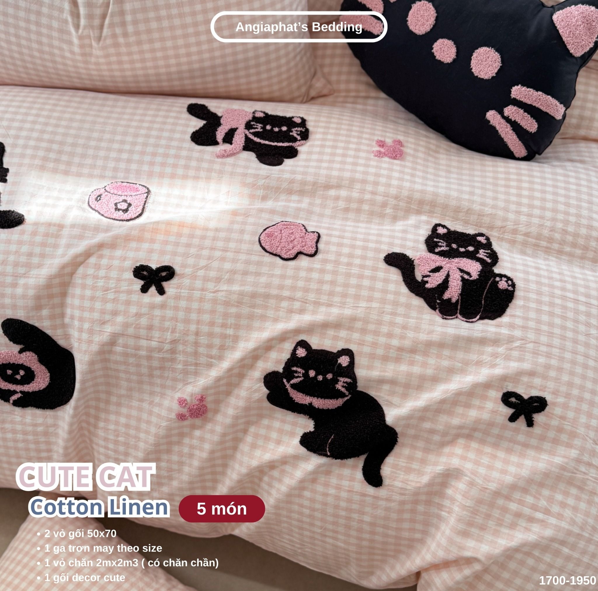 Bộ Chăn Ga Cotton Linen Kids / Cho Bé - Cute Cat Hồng