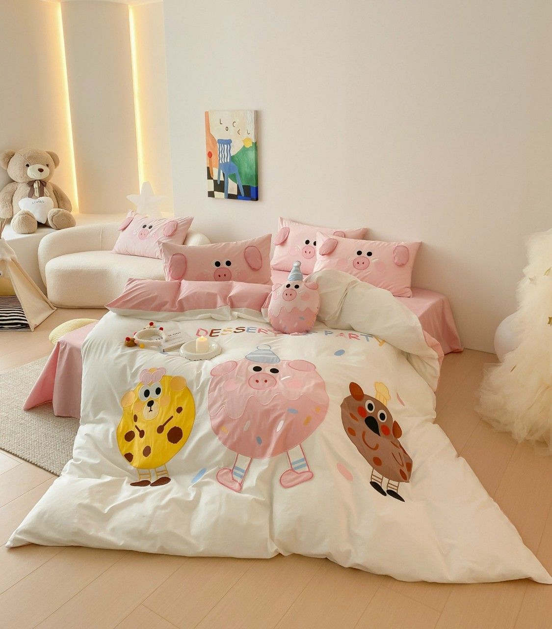 Bộ Chăn Ga Cotton Linen Kids - Donuts Hồng