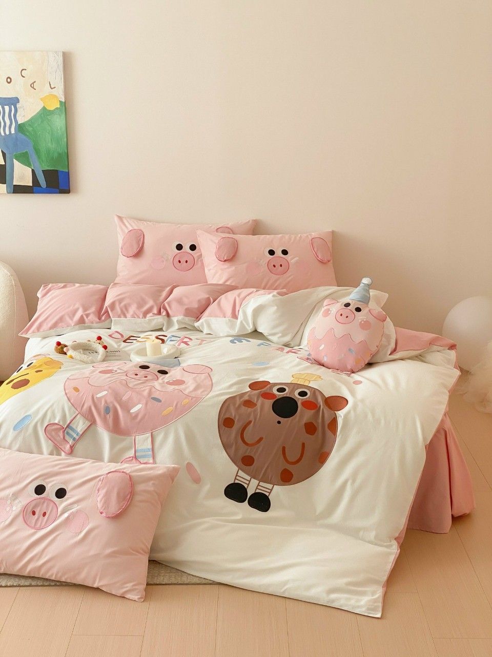 Bộ Chăn Ga Cotton Linen Kids - Donuts Hồng