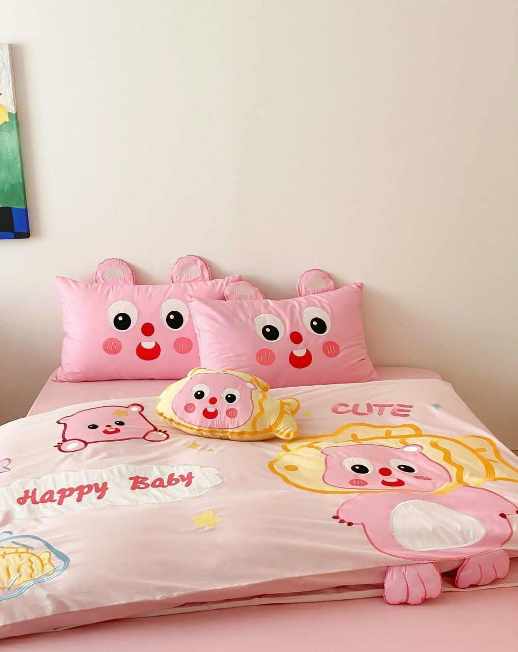 Bộ Chăn Ga Cotton Linen Kids - Bé Cute Hồng