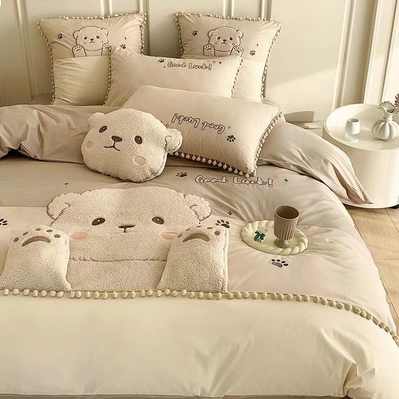 Bộ Chăn Ga Cotton Linen Kids - Gấu Nâu