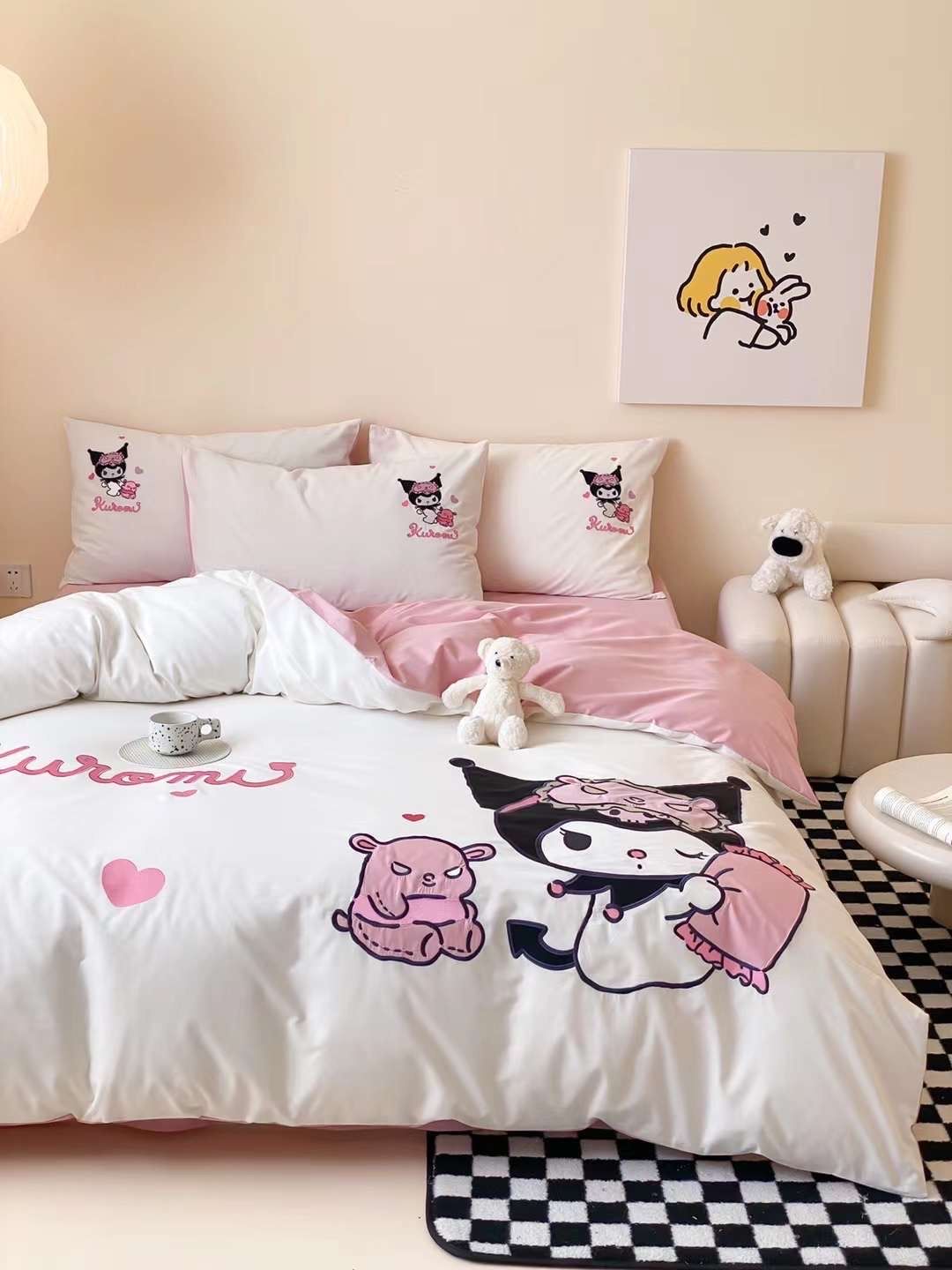 Bộ Chăn Ga Cotton Linen Kids - Kuromi 3 HỒNG