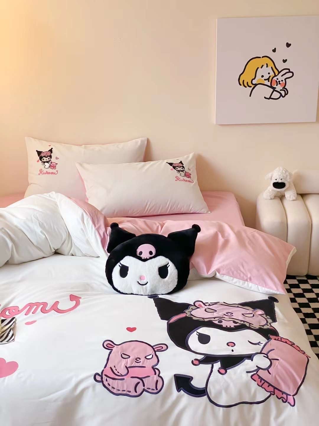 Bộ Chăn Ga Cotton Linen Kids - Kuromi 3 HỒNG