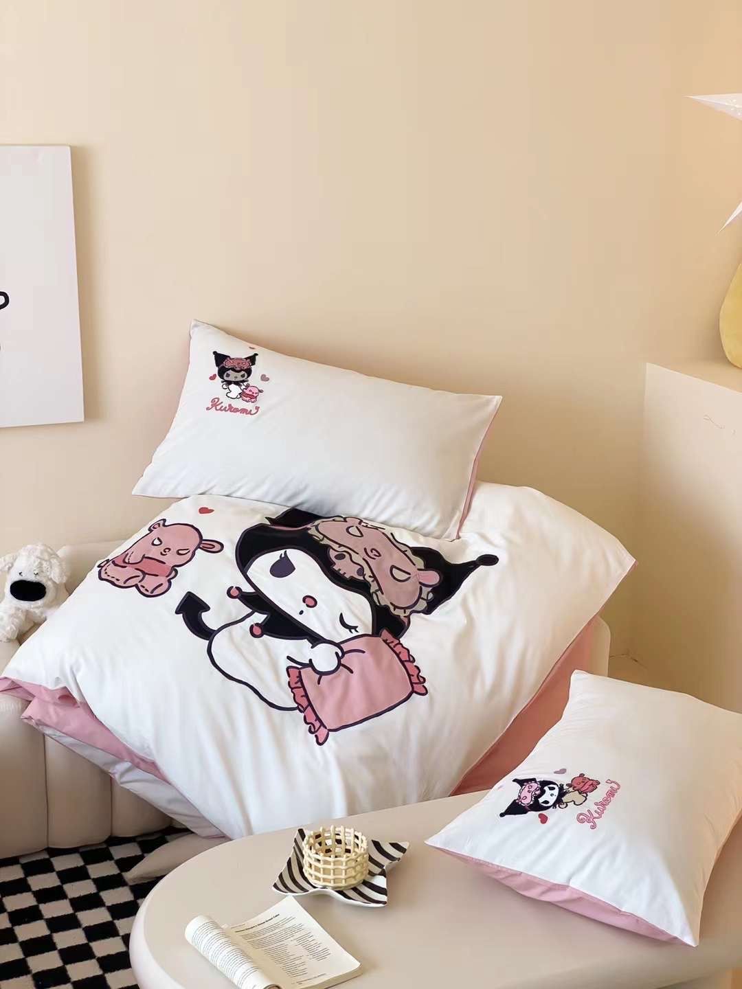 Bộ Chăn Ga Cotton Linen Kids - Kuromi 3 HỒNG