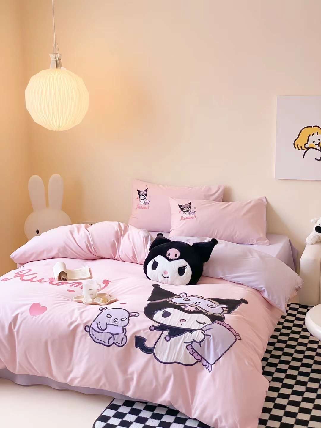 Bộ Chăn Ga Cotton Linen Kids - Kuromi 2 HỒNG