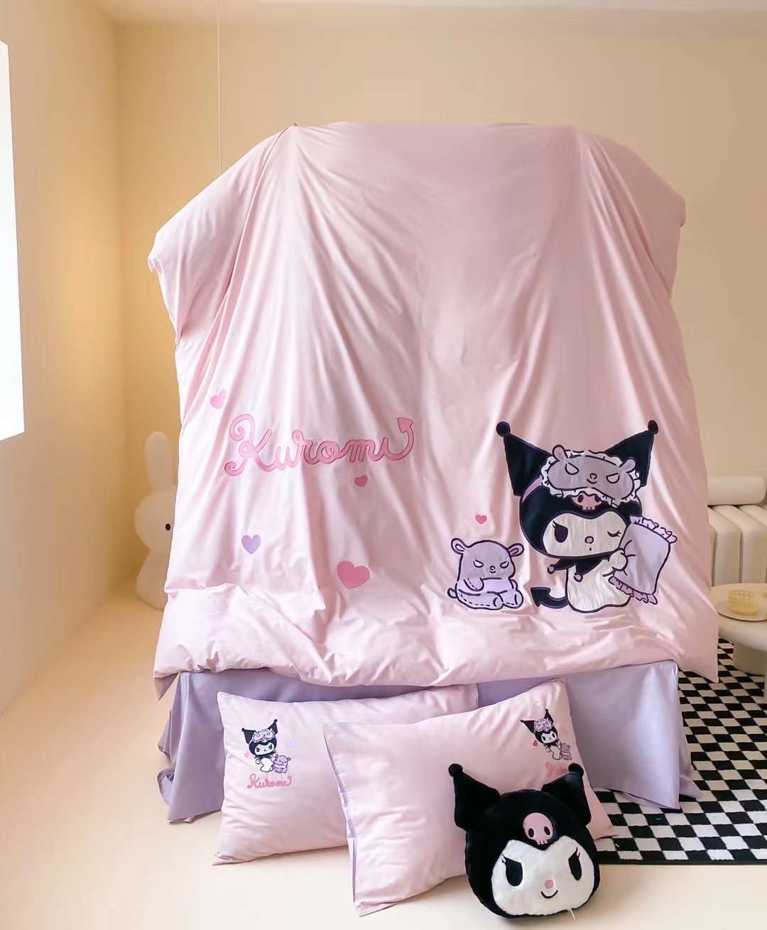 Bộ Chăn Ga Cotton Linen Kids - Kuromi 2 HỒNG