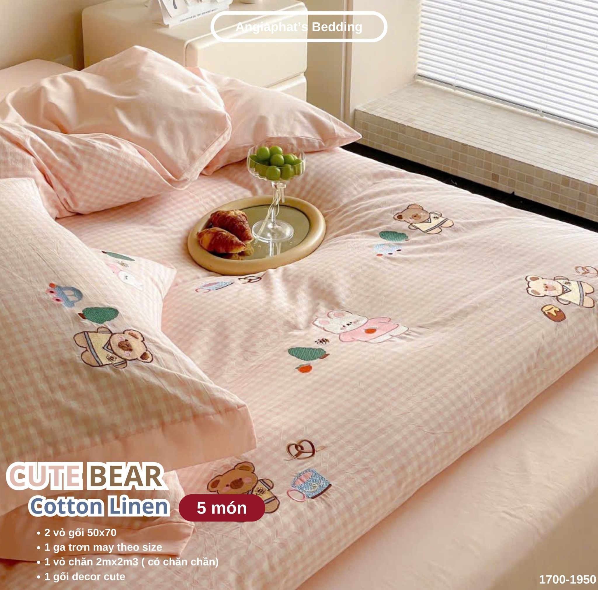 Bộ Chăn Ga Cotton Linen Kids / Cho Bé - Gấu Thỏ Hồng