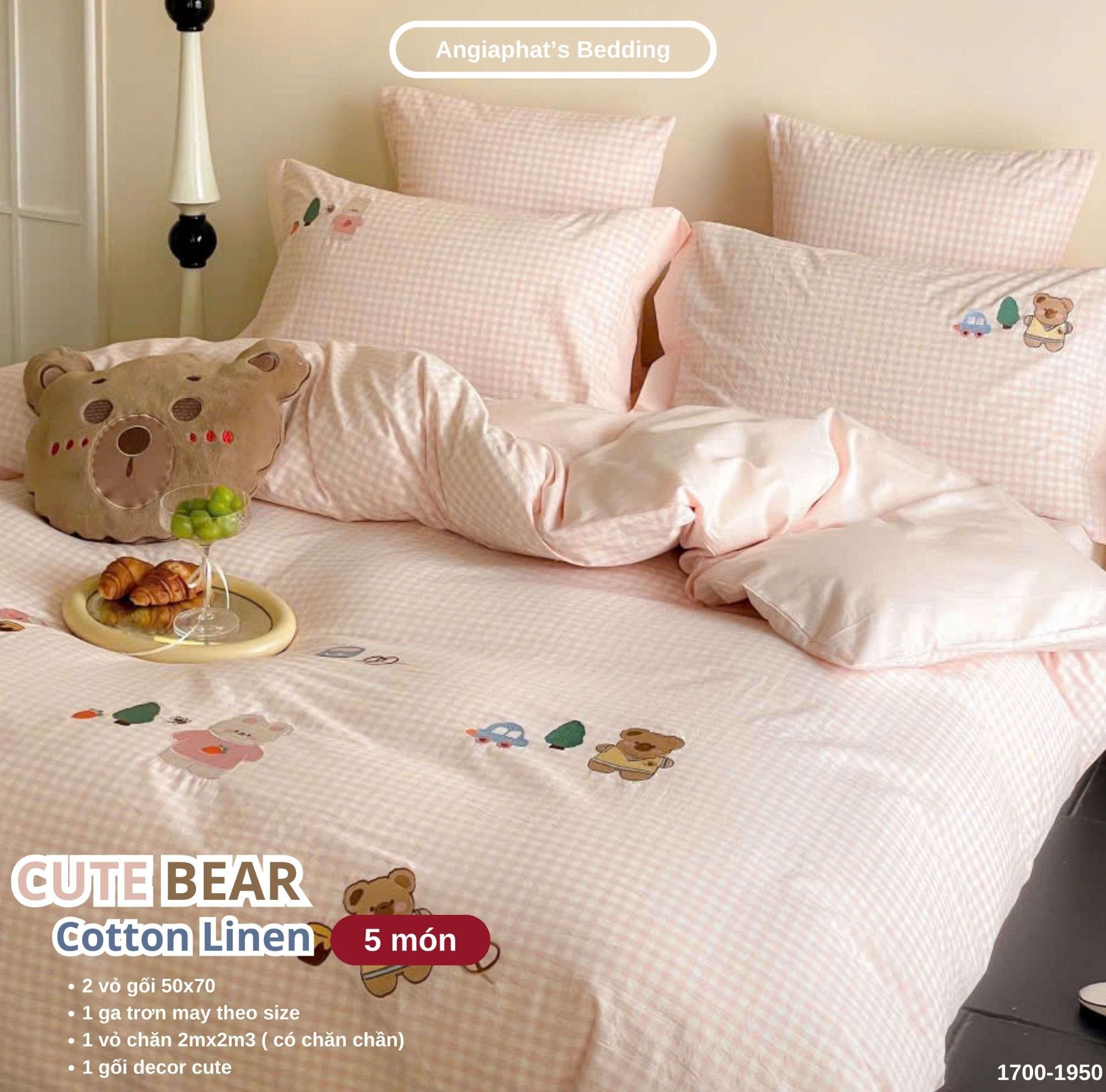 Bộ Chăn Ga Cotton Linen Kids / Cho Bé - Gấu Thỏ Hồng