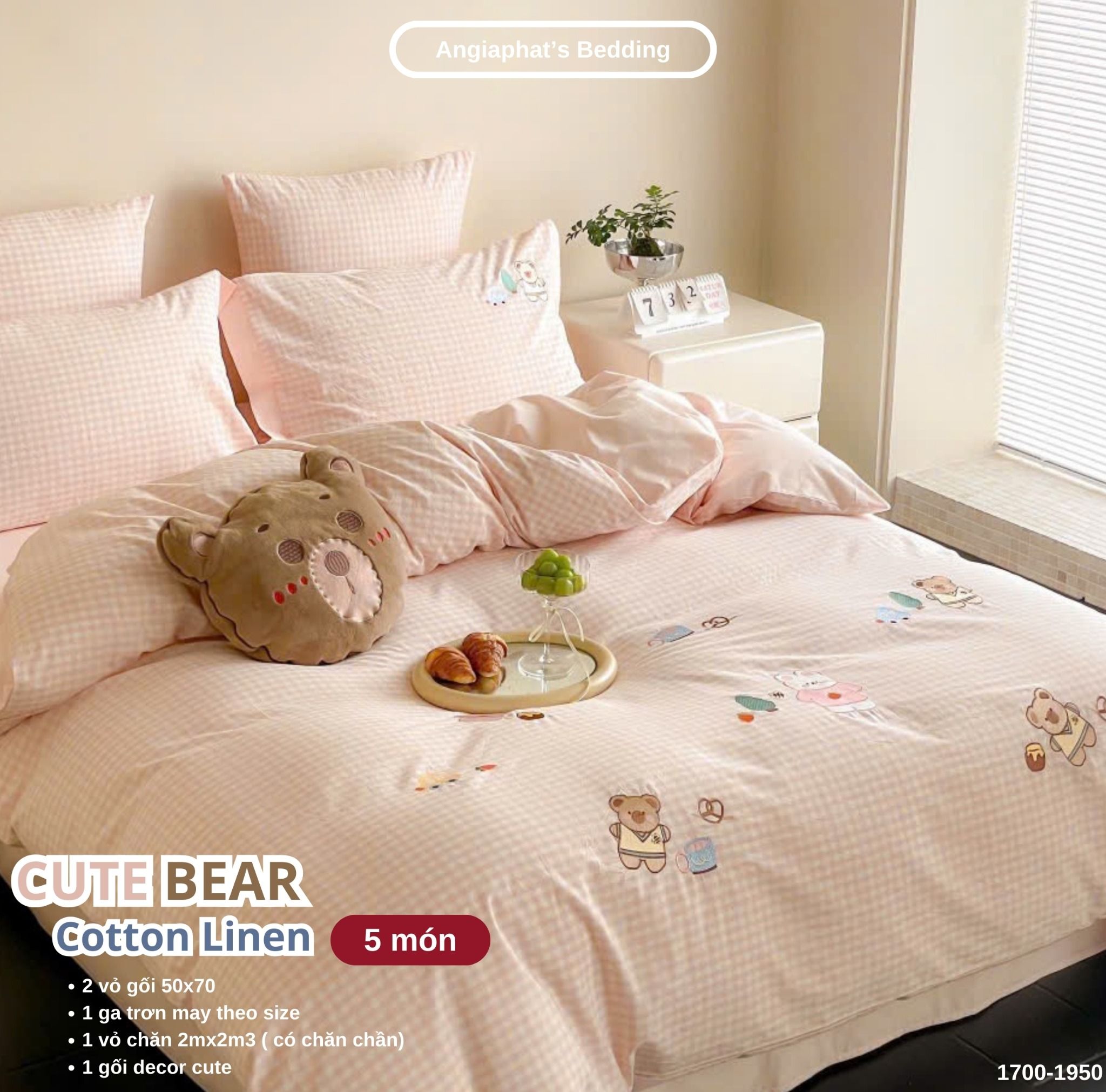 Bộ Chăn Ga Cotton Linen Kids / Cho Bé - Gấu Thỏ Hồng