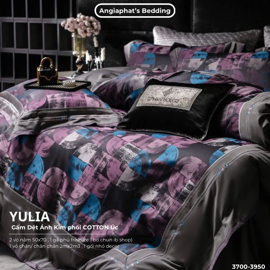 Set Chăn Ga Luxury - Gấm Siêu Mịn - YULIA TÍM