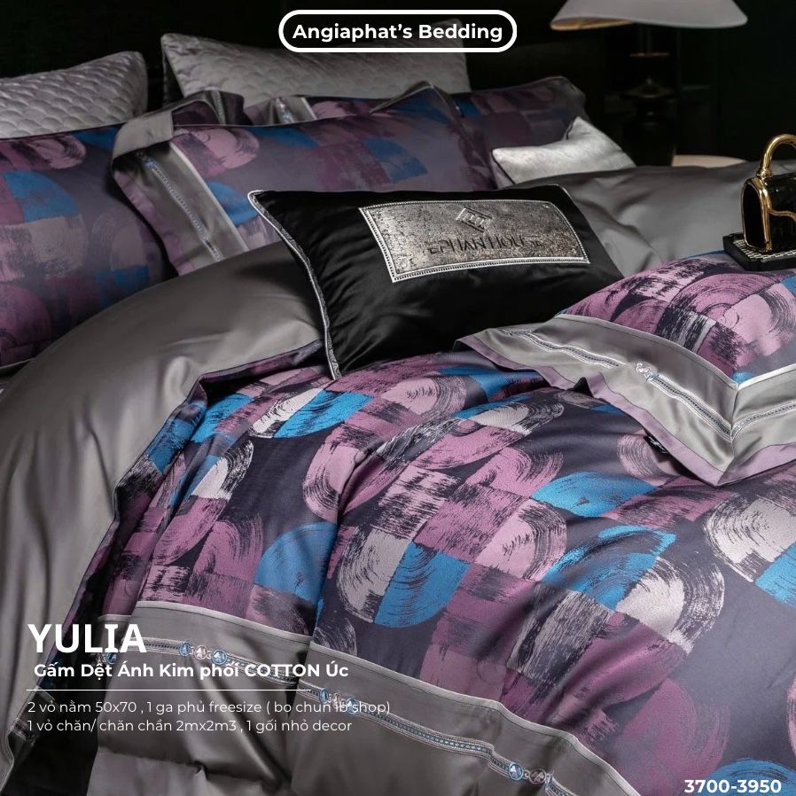 Set Chăn Ga Luxury - Gấm Siêu Mịn - YULIA TÍM