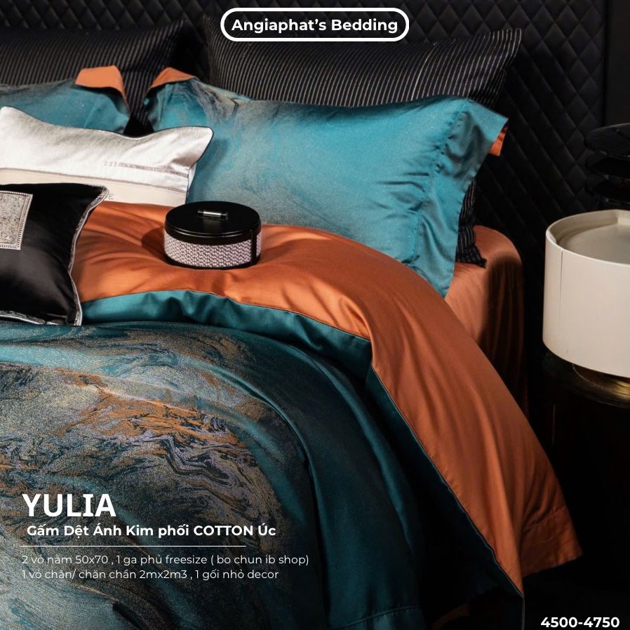 Set Chăn Ga Luxury - Gấm Siêu Mịn - YULIA XANH CAM