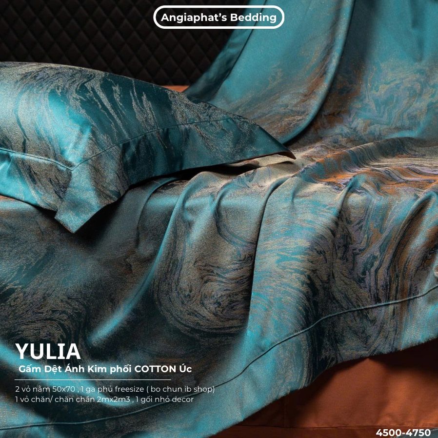 Set Chăn Ga Luxury - Gấm Siêu Mịn - YULIA XANH CAM