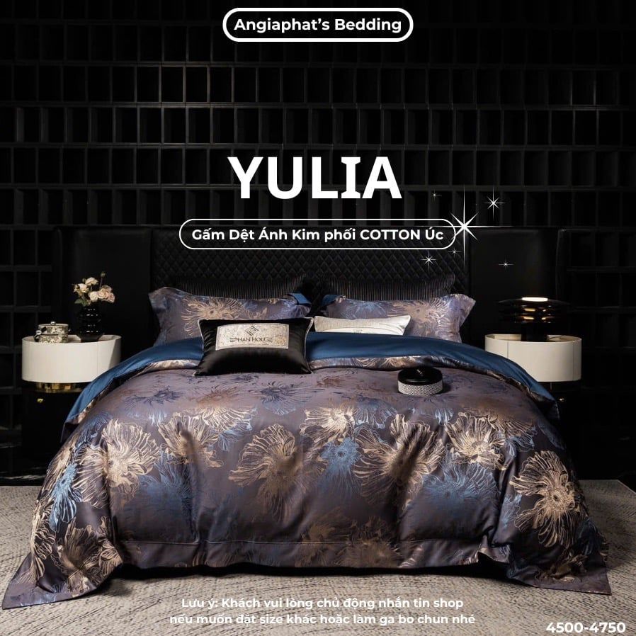 Set Chăn Ga Luxury - Gấm Siêu Mịn - YULIA TÍM GHI