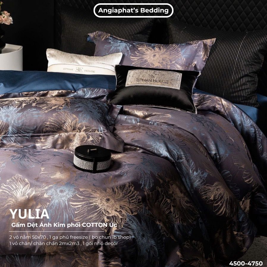 Set Chăn Ga Luxury - Gấm Siêu Mịn - YULIA TÍM GHI