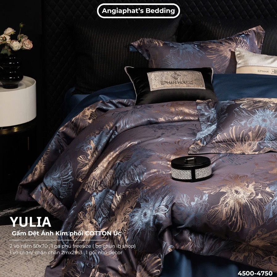 Set Chăn Ga Luxury - Gấm Siêu Mịn - YULIA TÍM GHI