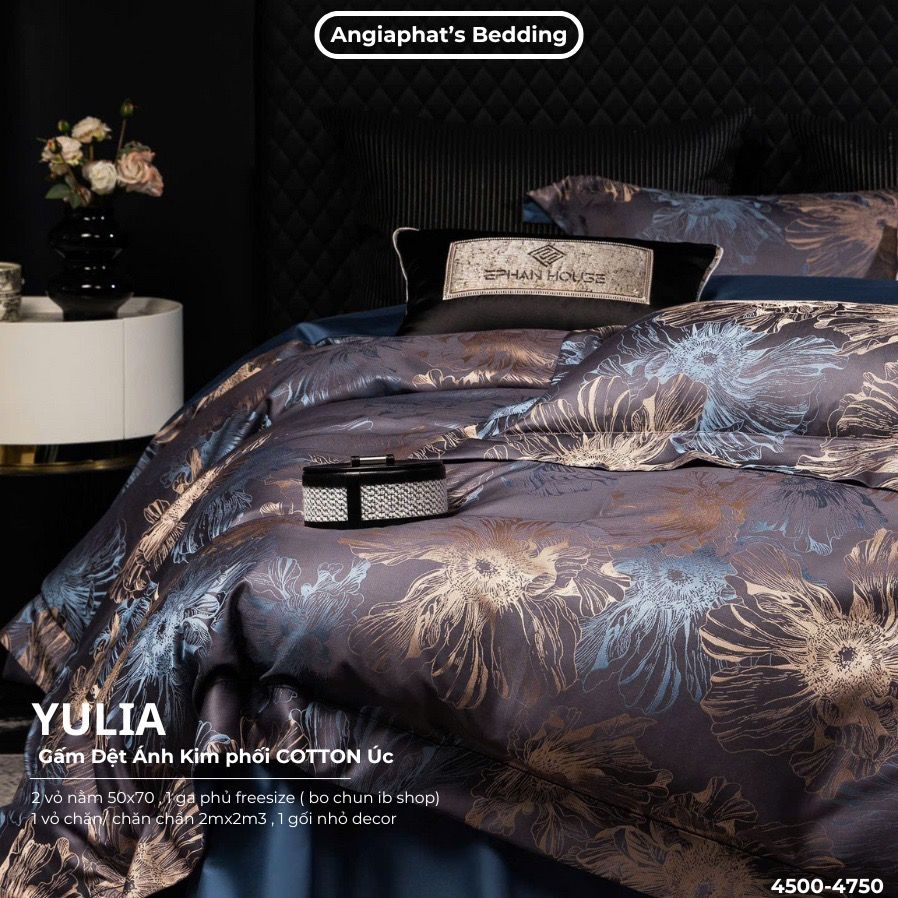 Set Chăn Ga Luxury - Gấm Siêu Mịn - YULIA TÍM GHI