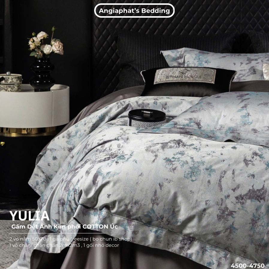 Set Chăn Ga Luxury - Gấm Siêu Mịn - YULIA GHI