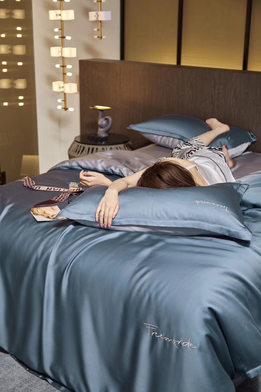 Bộ Chăn Ga Tencel 80S Freemonde Phối Xanh - Xám