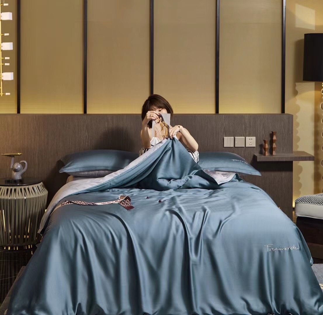 Bộ Chăn Ga Tencel 80S Freemonde Phối Xanh - Xám