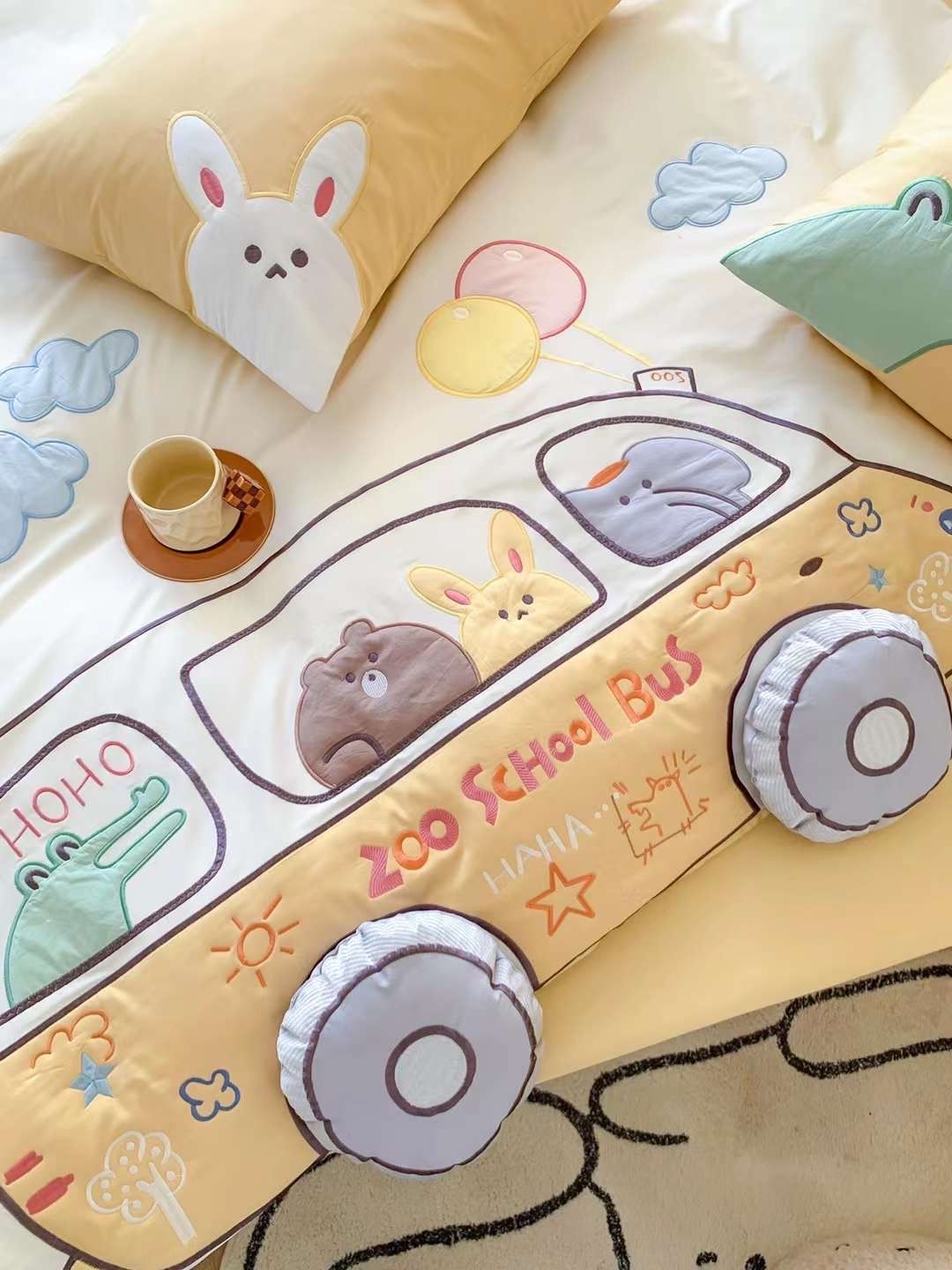 Bộ Chăn Ga Lụa Satin 100s Cho Bé - Xe Bus Vàng