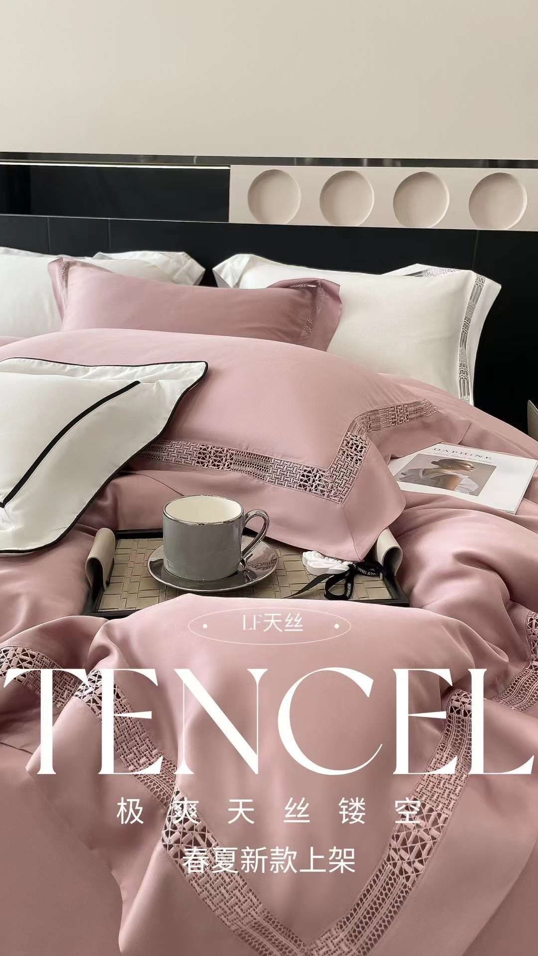 Bộ Chăn Ga Tencel 100s Viền - Hồng