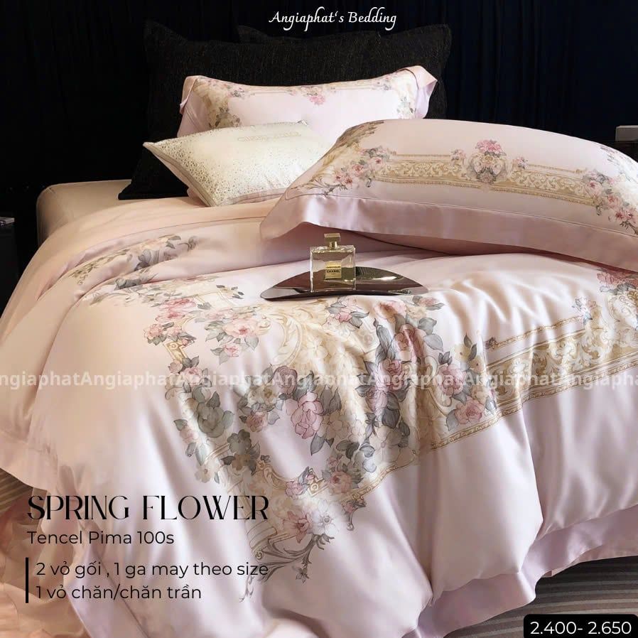 Bộ Chăn Ga Tencel Pima 100s Họa Tiết Châu Âu - Hồng