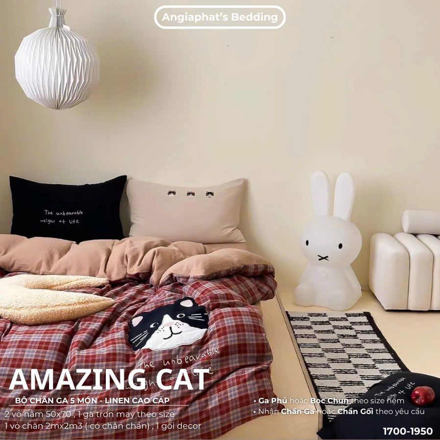 Bộ Chăn Ga Cotton Linen Kids / Cho Bé - Mèo Lười