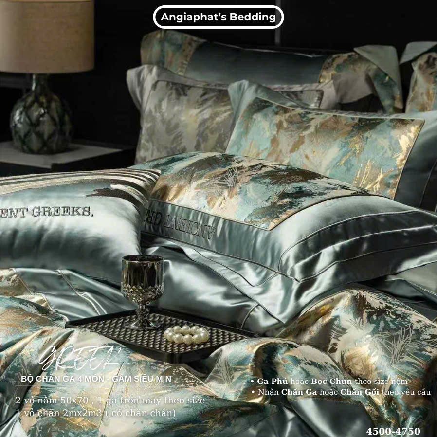 Set Chăn Ga Luxury - Gấm Siêu Mịn - Lá Xanh