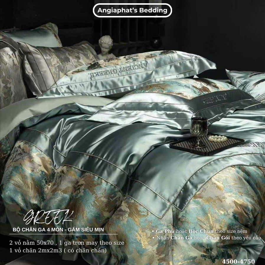 Set Chăn Ga Luxury - Gấm Siêu Mịn - Lá Xanh
