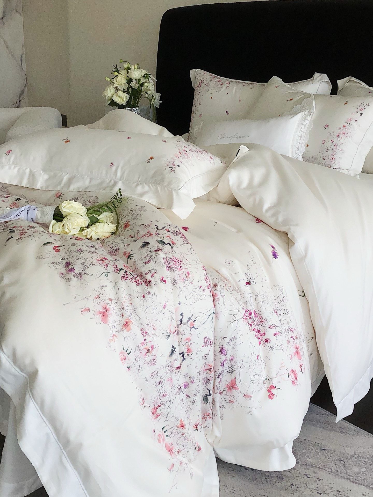 Bộ Chăn Ga Tencel Pima 100s Chingshuan - Hoa Trắng