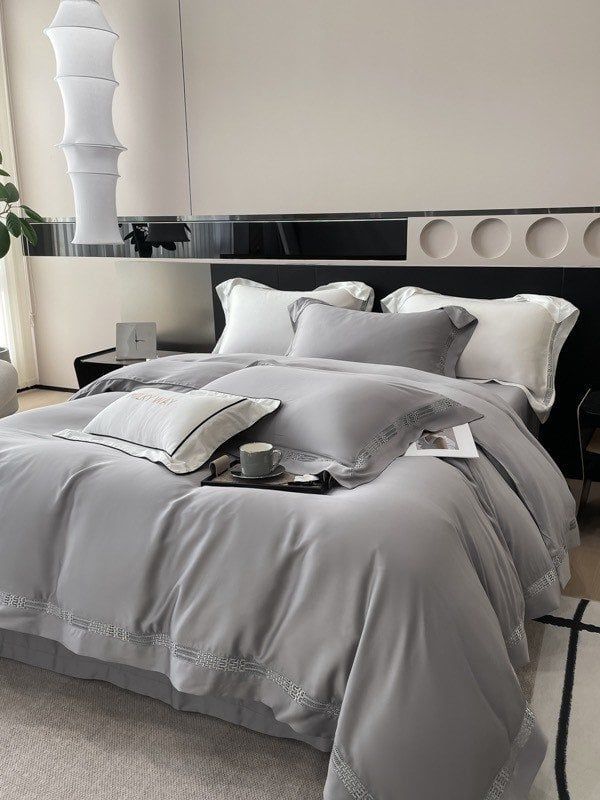Bộ Chăn Ga Tencel 100s Viền - Xám